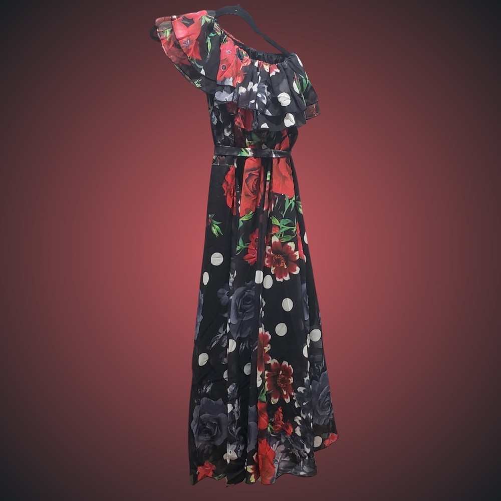 DALIA MACPHEE One Shoulder Floral Dots Maxi Dress Medium Red NWT 🌹⚘ - Picture 4 of 7